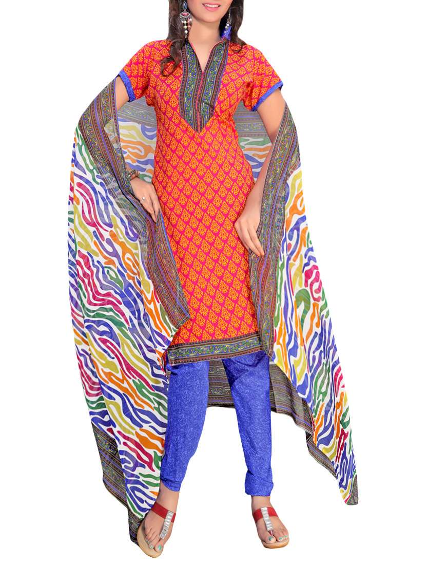 orange crepe printed churidaar suit dress material