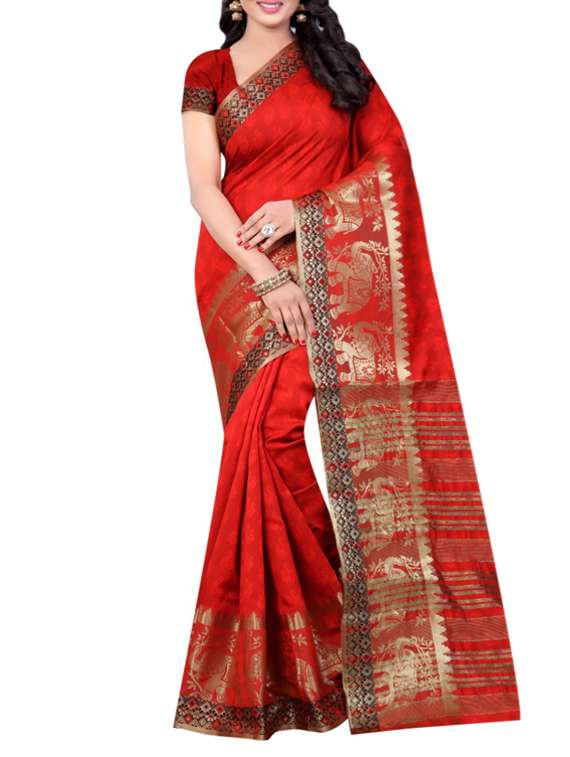 red cotton silk woven saree with blouse