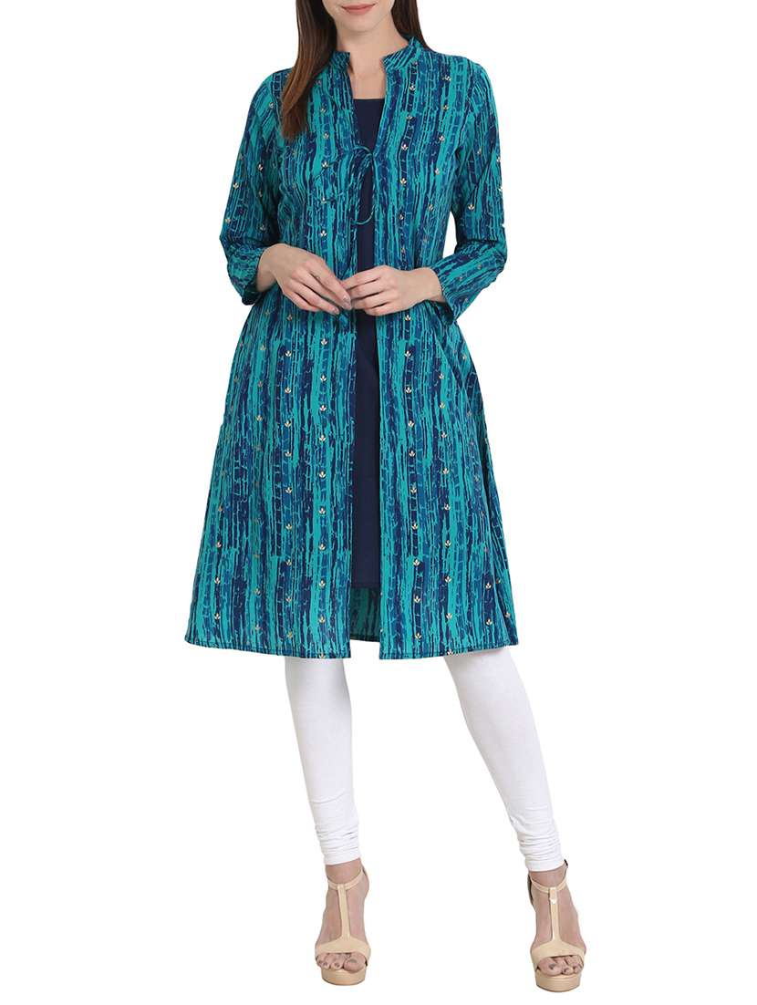 blue cotton printed a-line kurta
