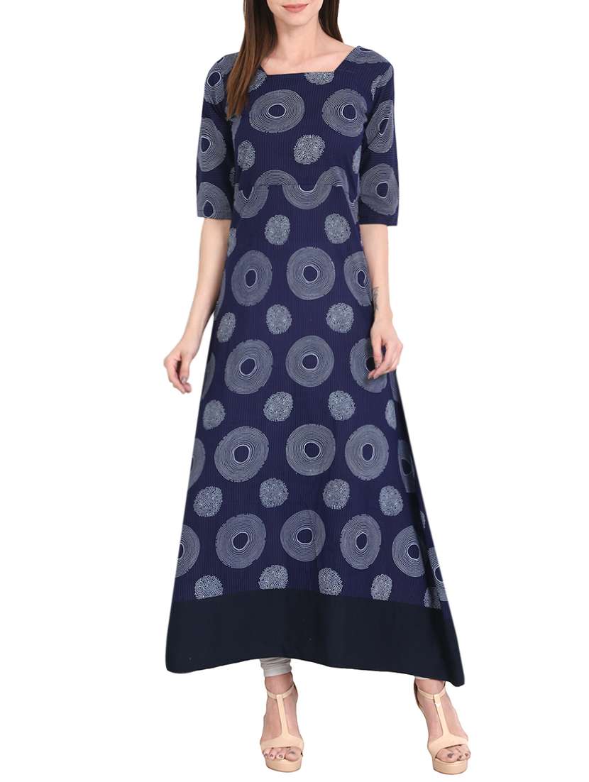 blue cotton printed long kurta
