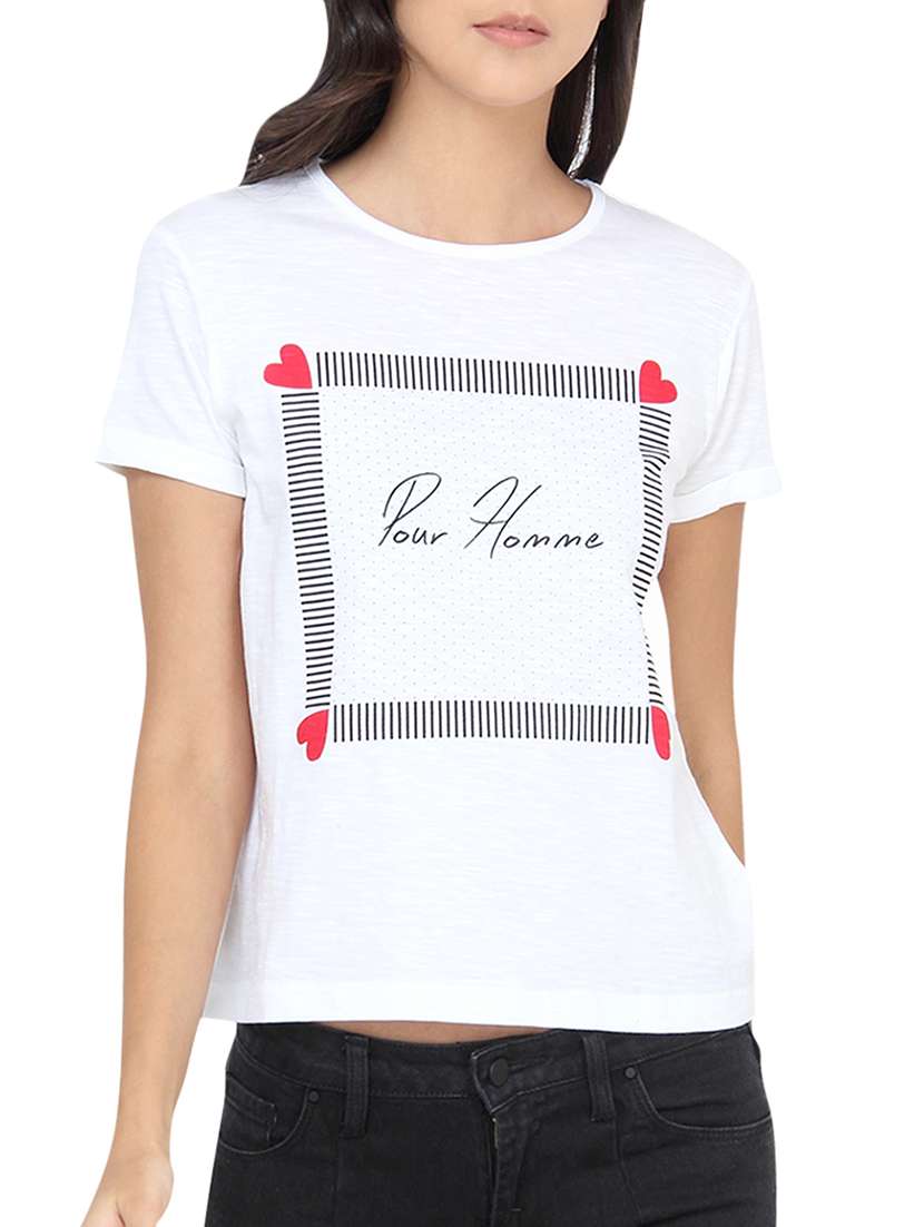 white printed cotton regular tee