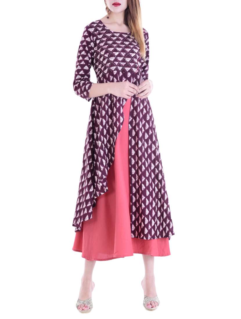 purple cotton printed layered kurta