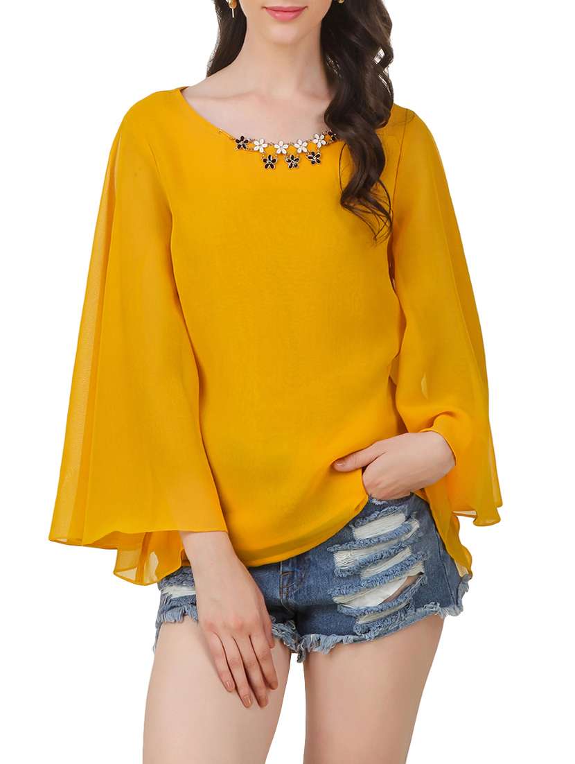 embellished mustard bell sleeved top