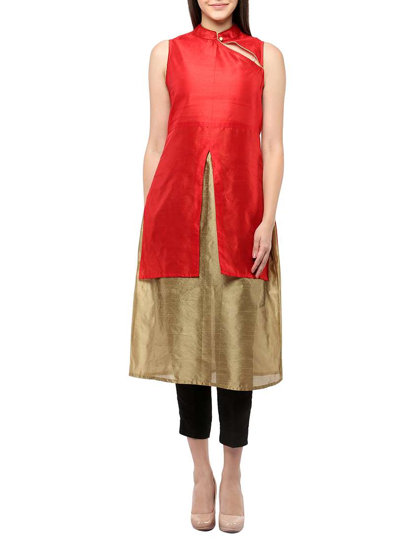 red & beige silk solid a-line kurta