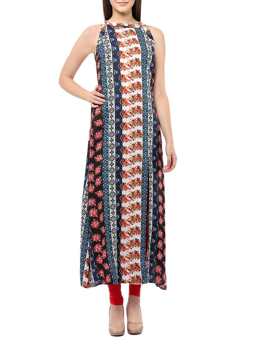 blue rayon printed high slit kurta