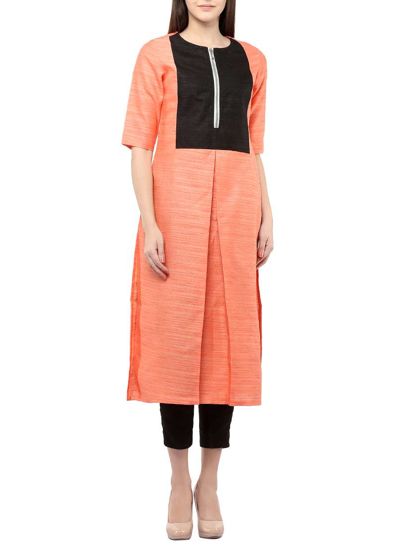 orange silk solid straight kurta