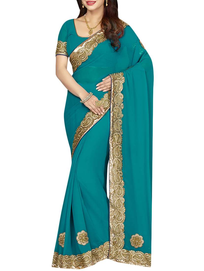 green georgette bordered saree with blouse