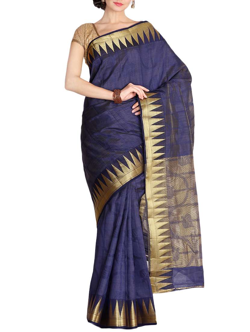 the chennai silks blue temple bordered saree with blouse
