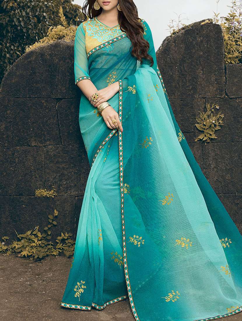 sky blue rajjo net printed saree with blouse
