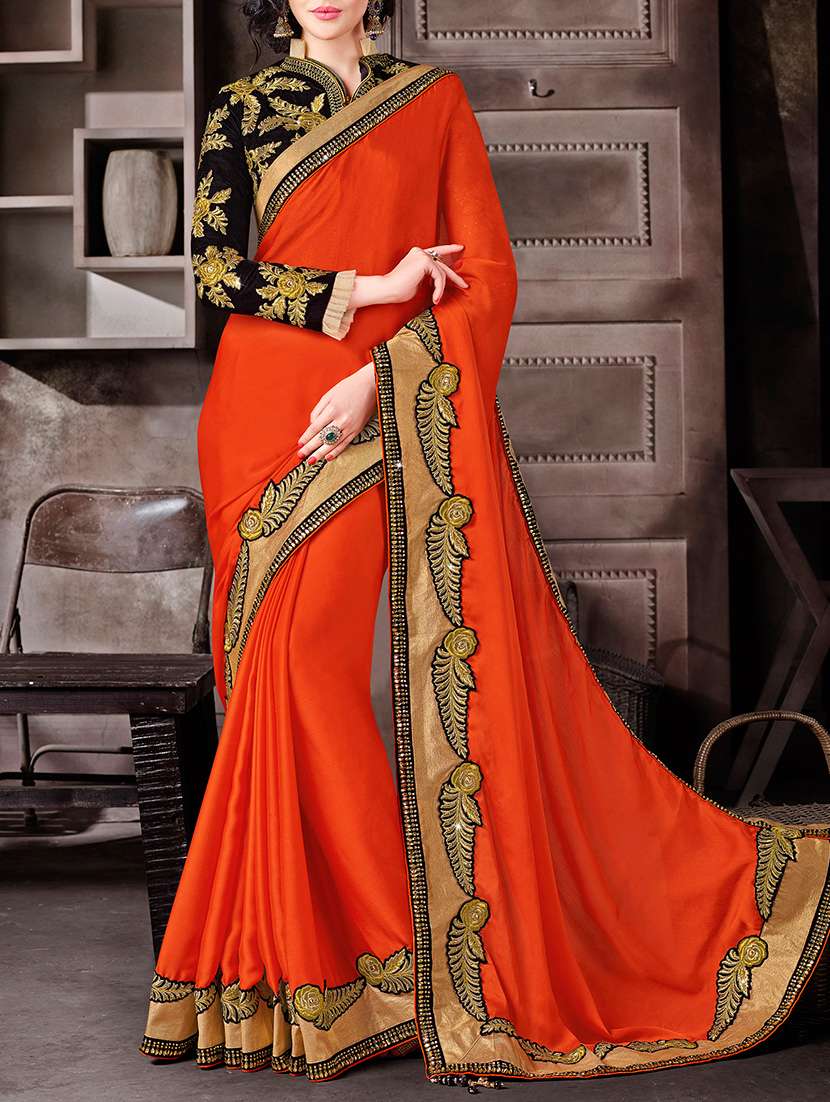 orange chiffon bordered saree with blouse