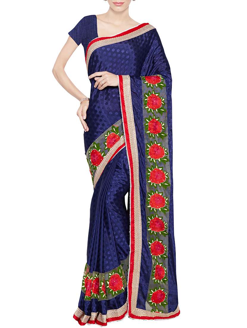 blue embroidered crepe saree with blouse