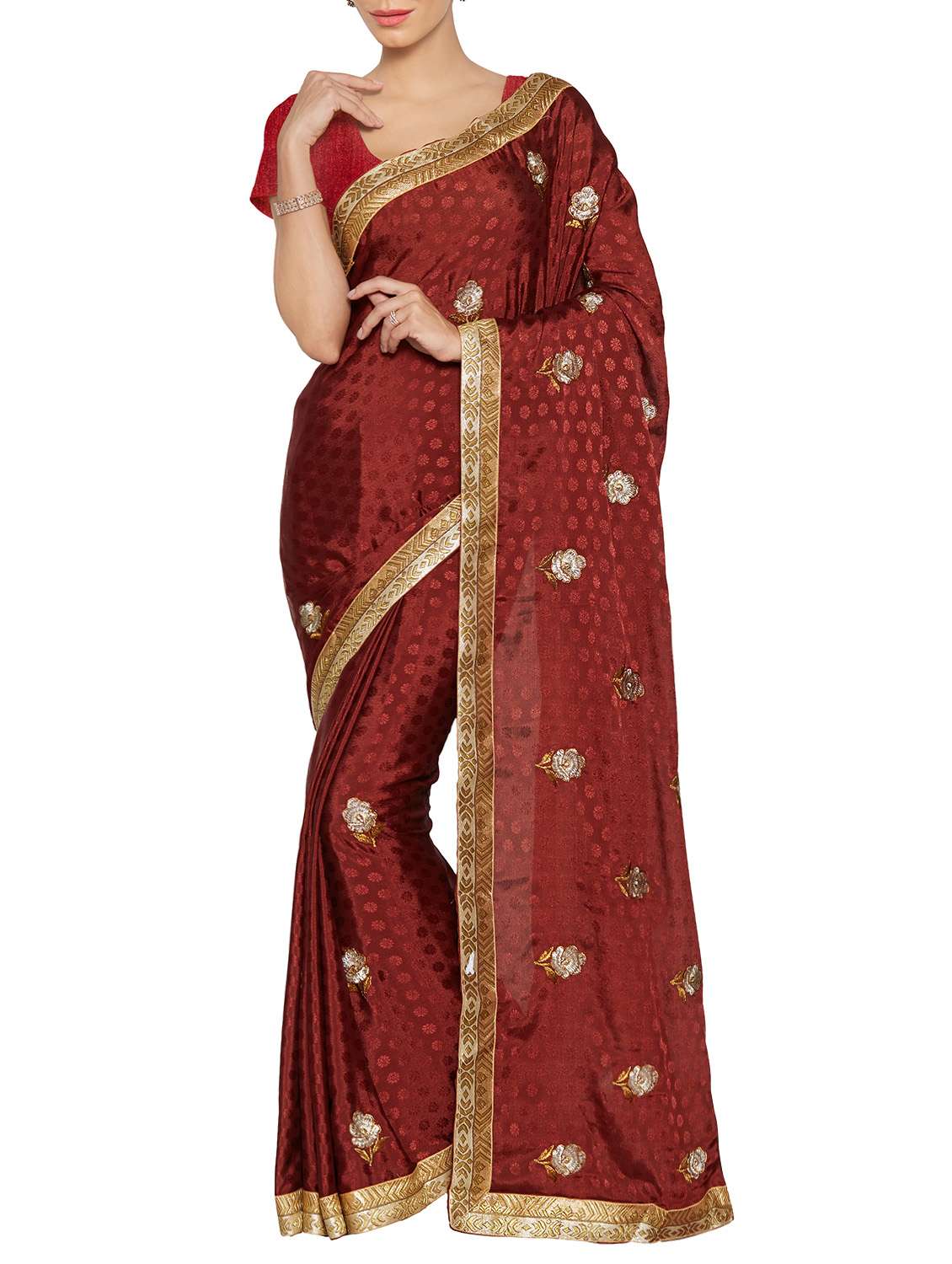 maroon  embroidered crepe saree