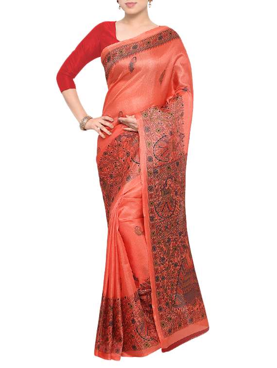 peach khadi silk madhubani printed saree with blouse
