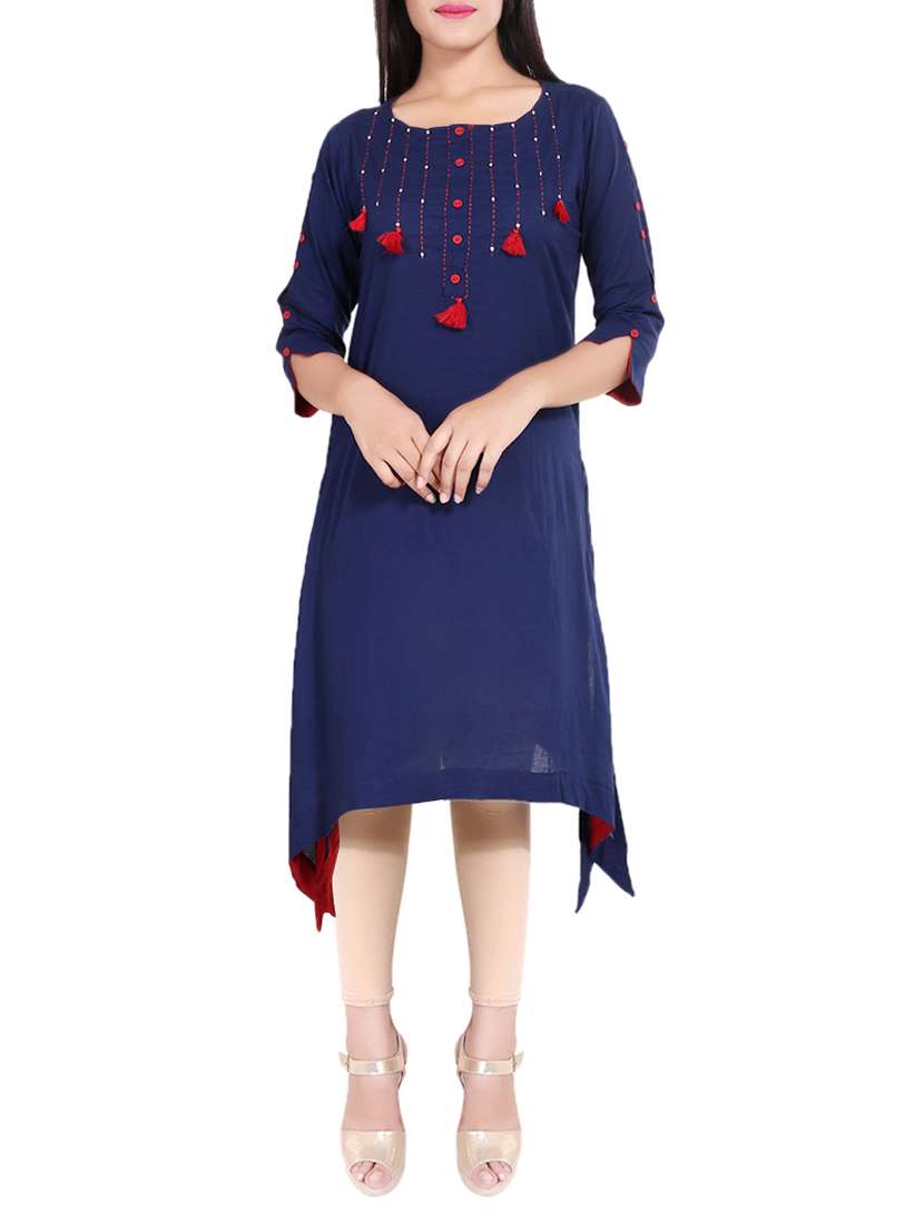 navy embellished asymmetrical hemline kurta