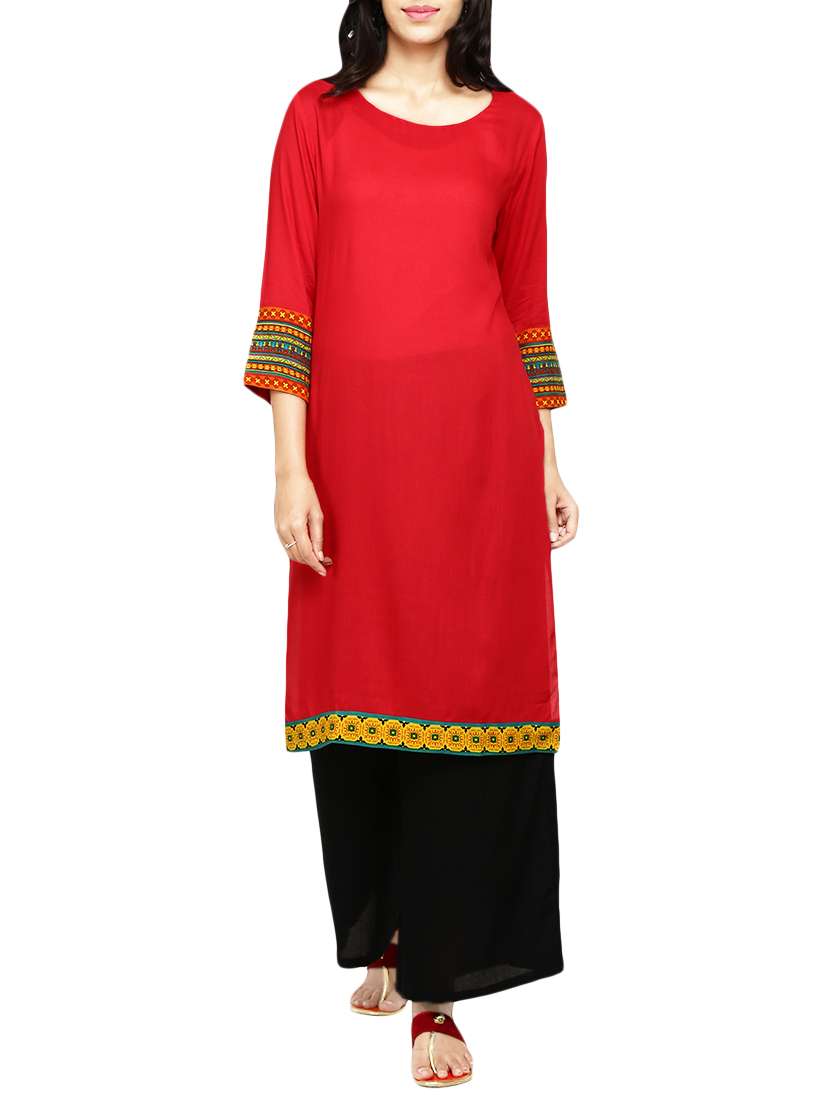 red rayon solid straight kurta