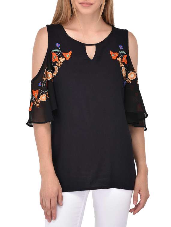 black embroidered poly georgette top