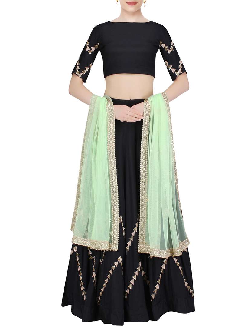 black raw silk embroidered flared lehenga