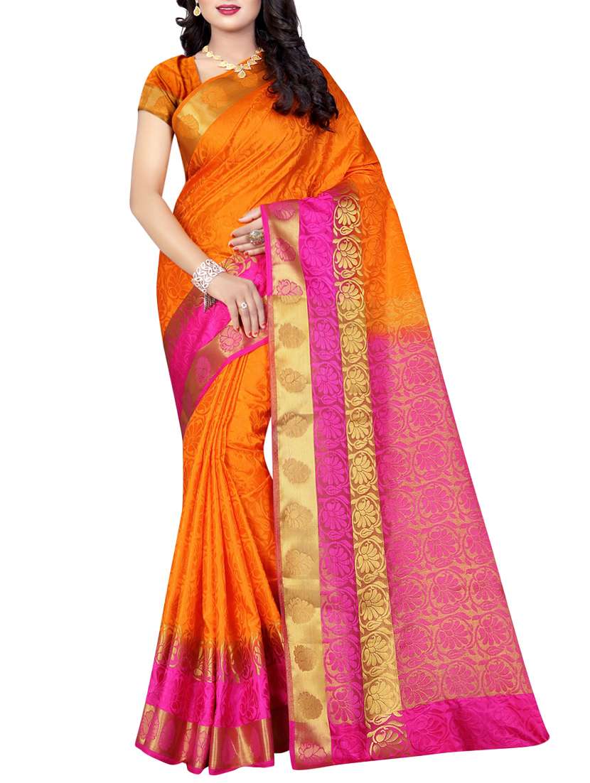orange art silk woven saree with blouse