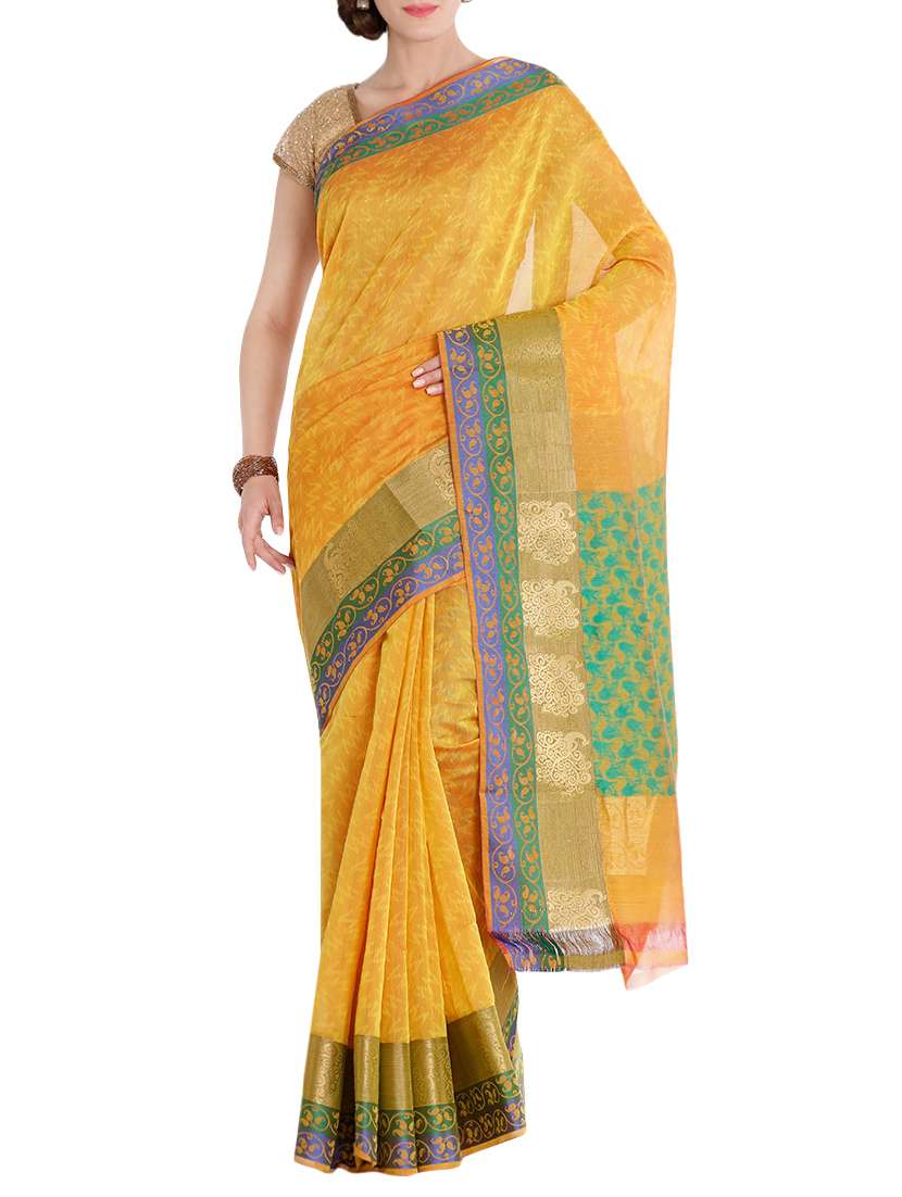 mustard silk printed saree with blouse