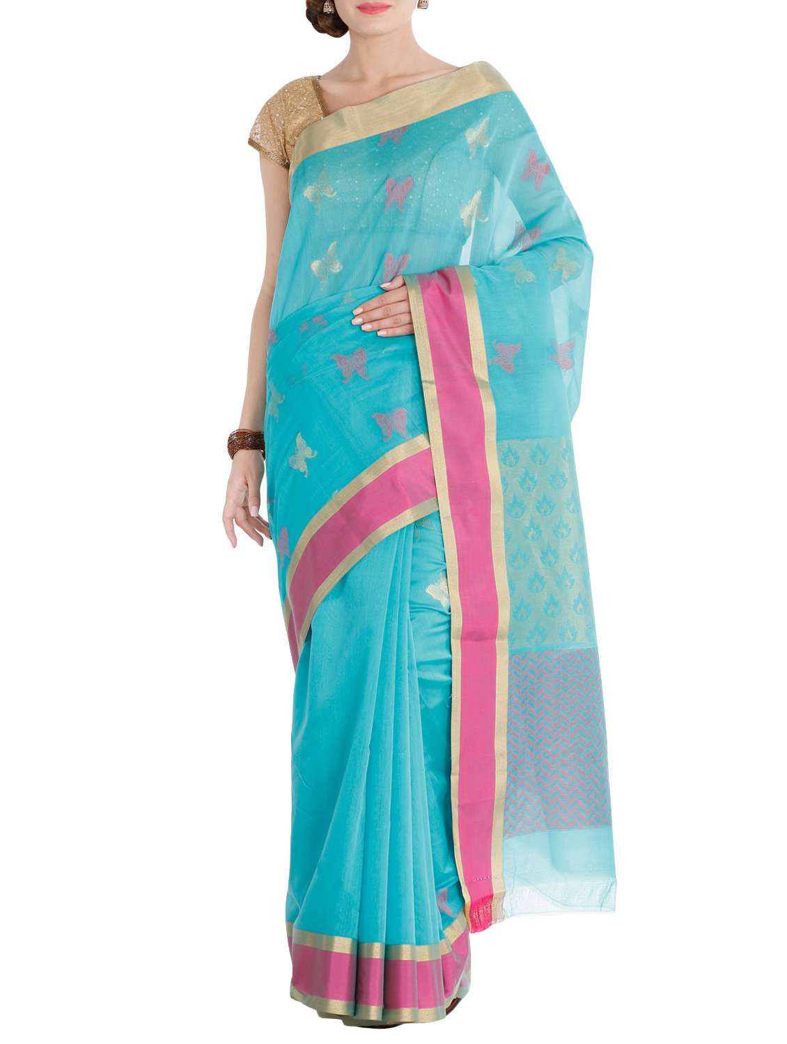 blue woven saree with blouse