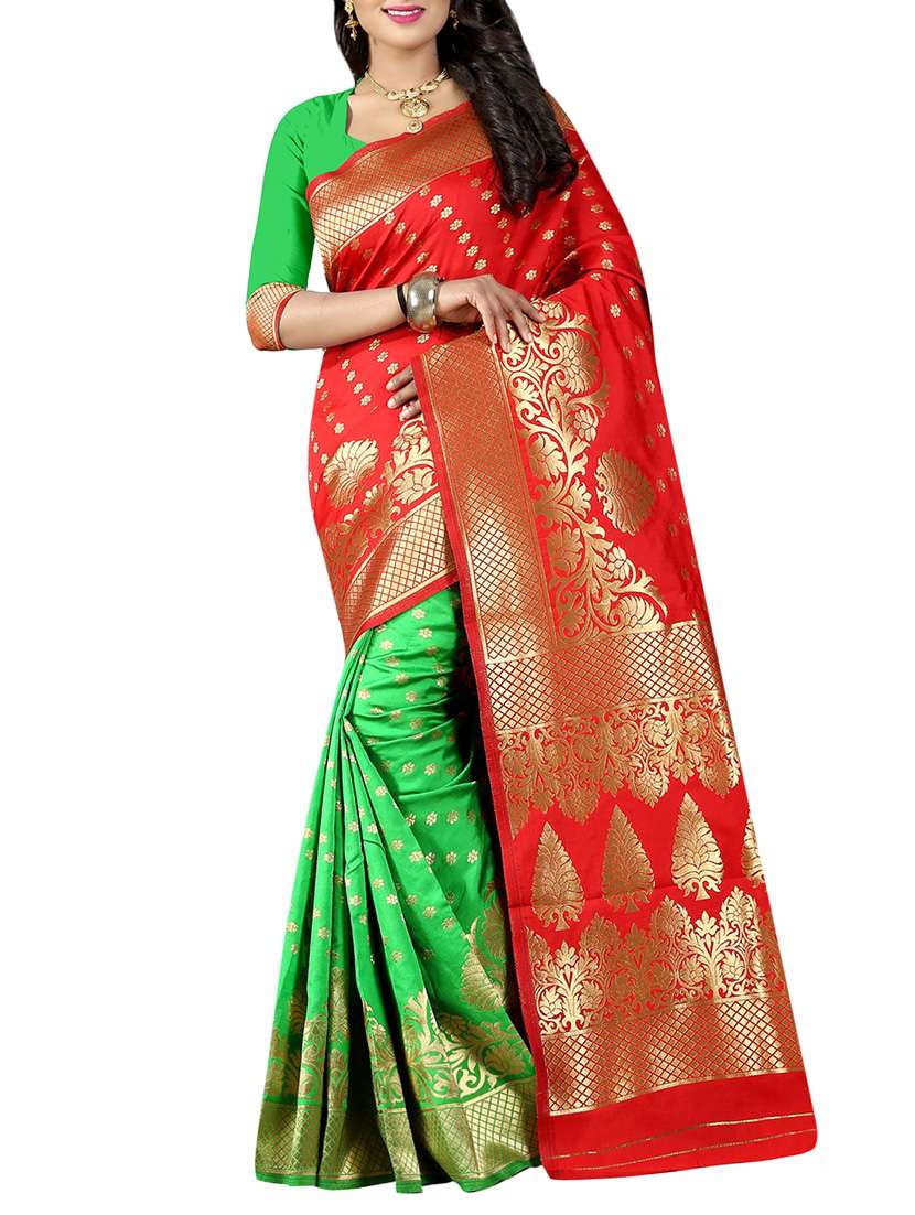 red & green art silk kanjivaram saree with blouse