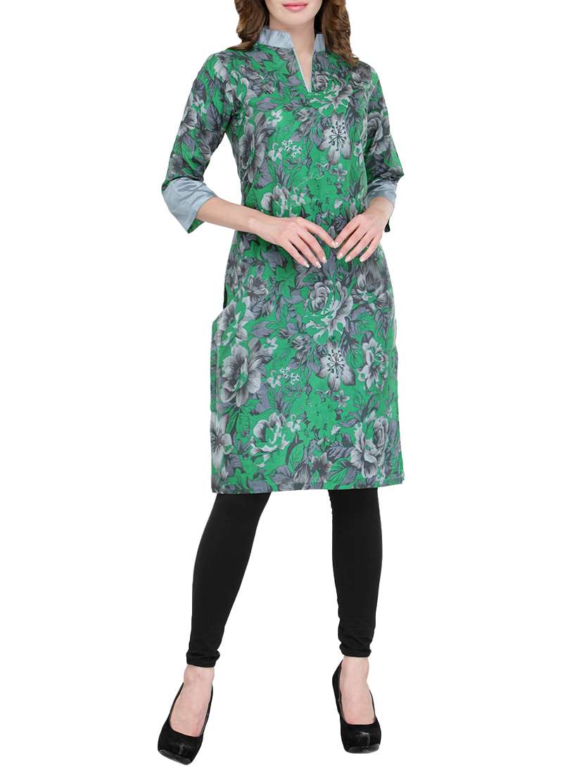 green cotton printed straight kurta