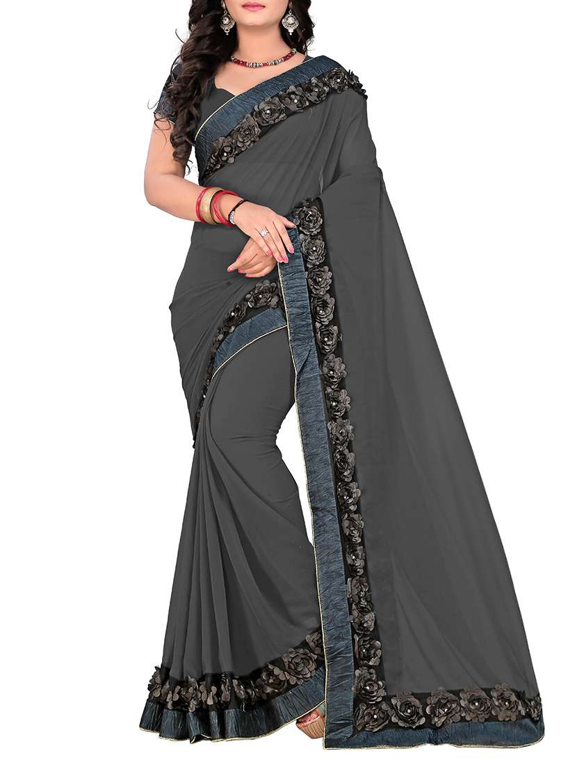 women's bordered black colored saree with blouse