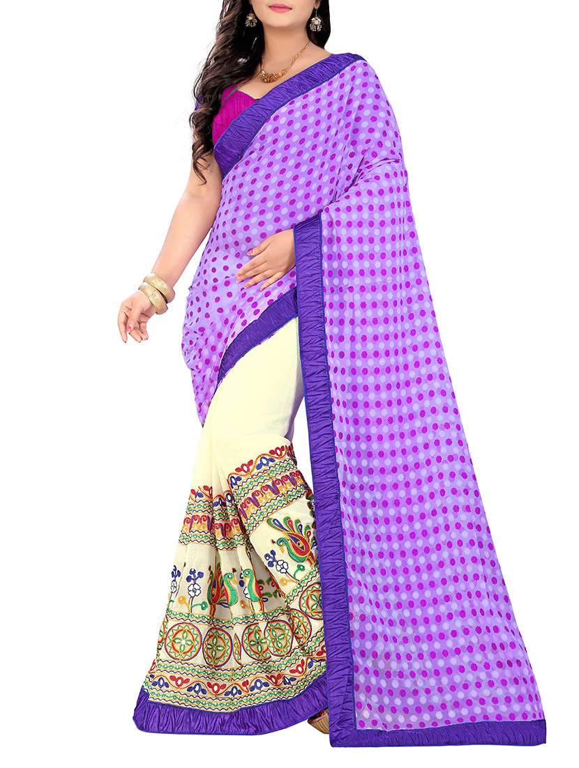 purple & cream georgette embroidered half & half saree with blouse