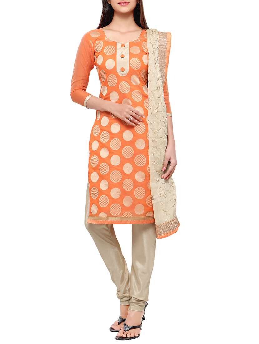 orange art silk printed churidaar suits dress material