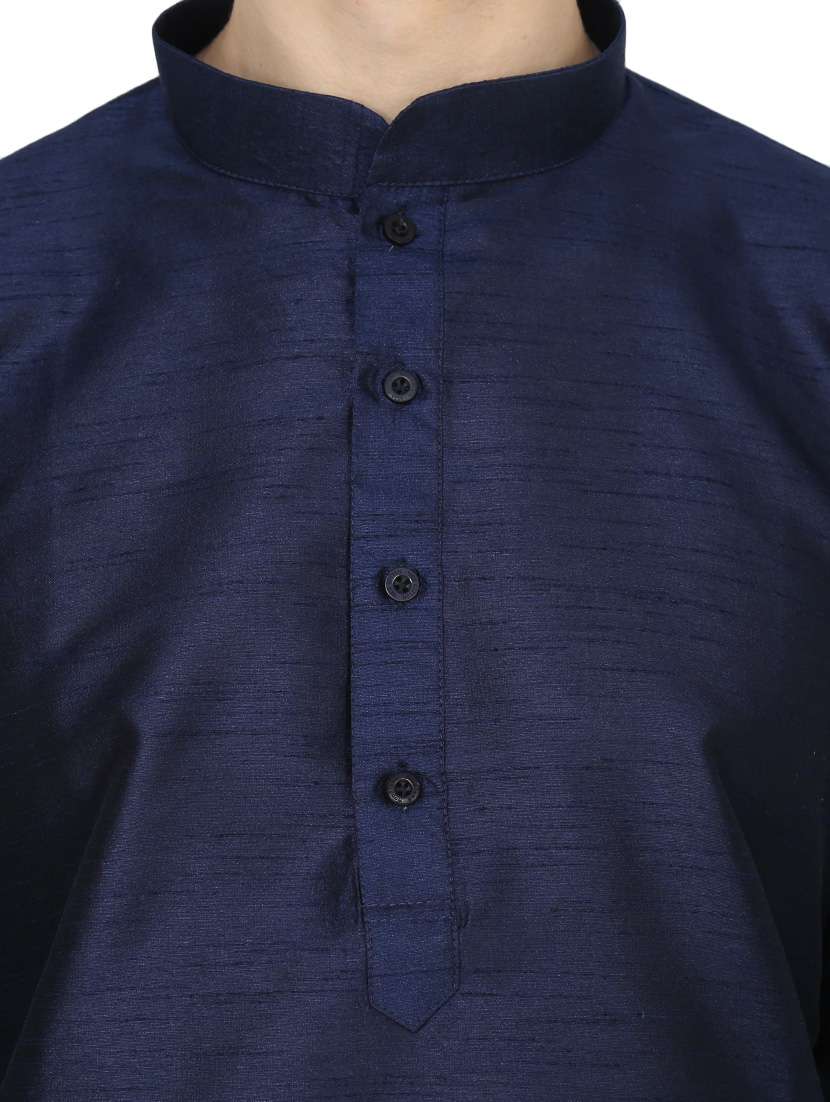 solid navy silk blend kurta pyjama set - 13882643 - Standard Image - 3