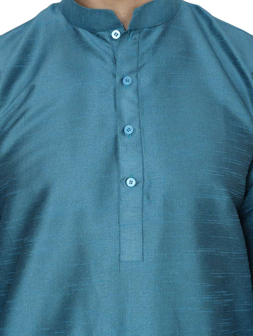 teal blue silk blend kurta pyjama set - 13882647 - Standard Image - 3