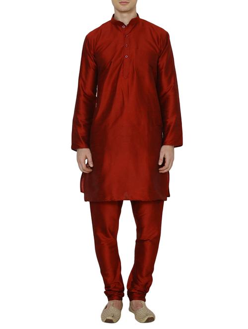 solid maroon silk blend kurta pyjama set - 13882651 - Standard Image - 0