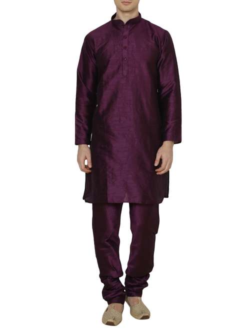 solid purple silk blend kurta pyjama set - 13882652 -  Standard Image - 0
