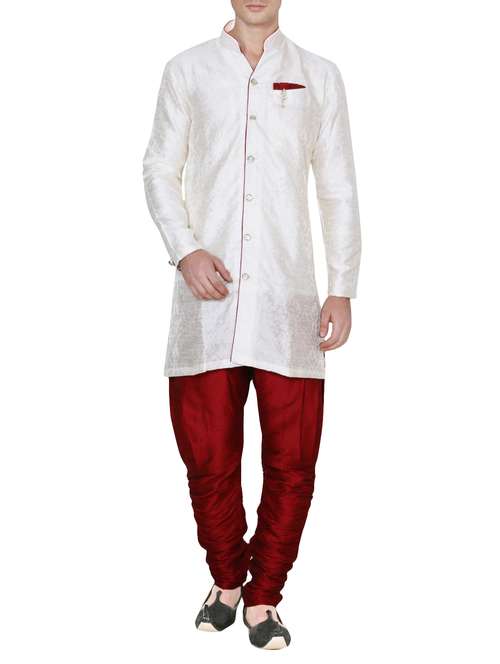 white silk blend kurta pyjama set - 13882653 -  Standard Image - 0