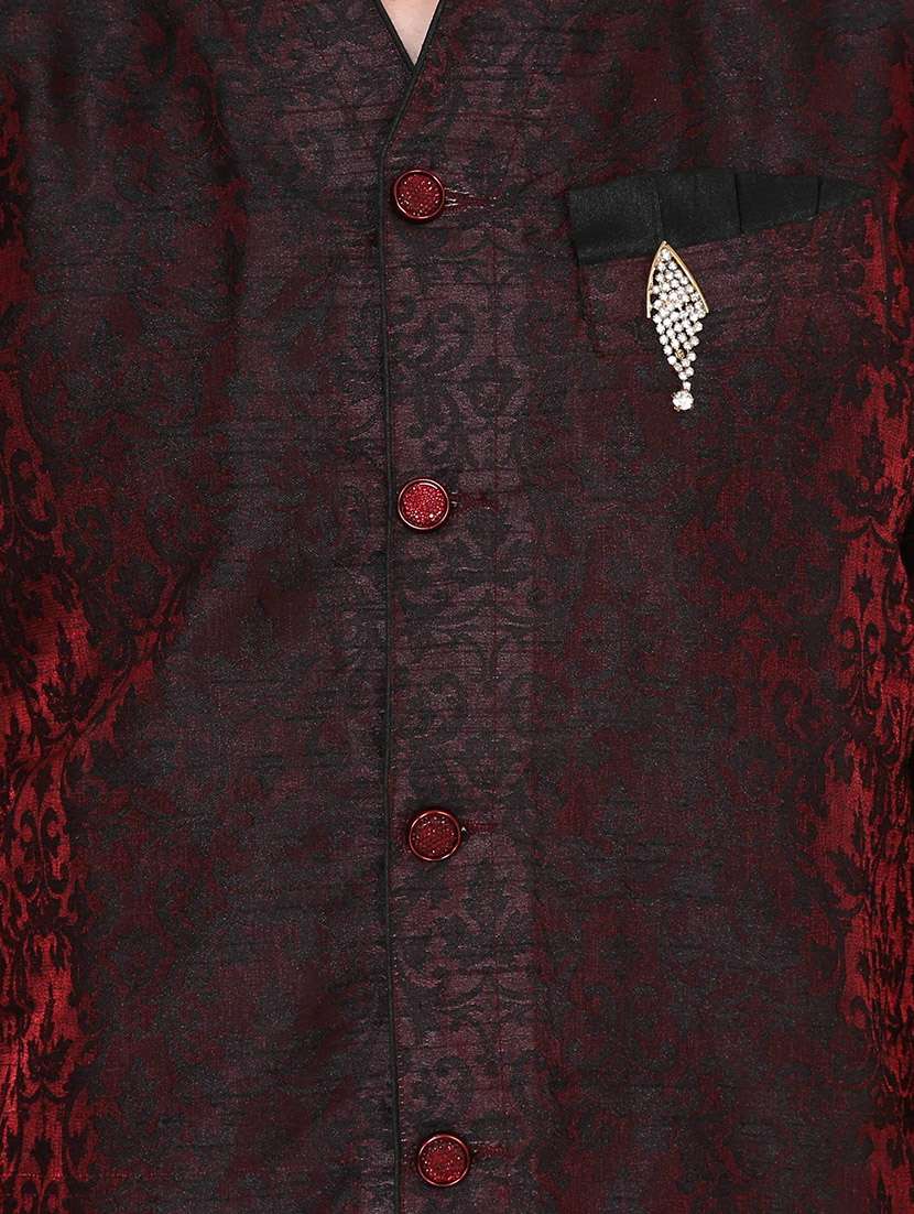 maroon silk blend jacquard kurta pyjama set - 13882654 - Standard Image - 3