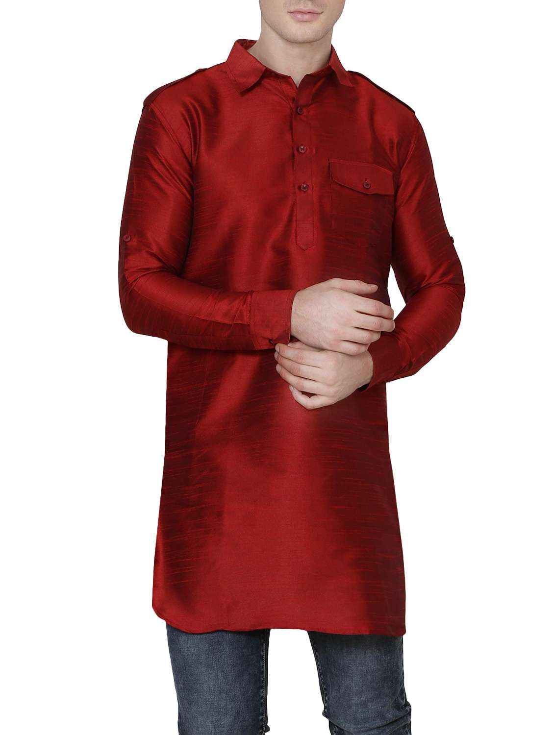 solid red silk blend kurta
