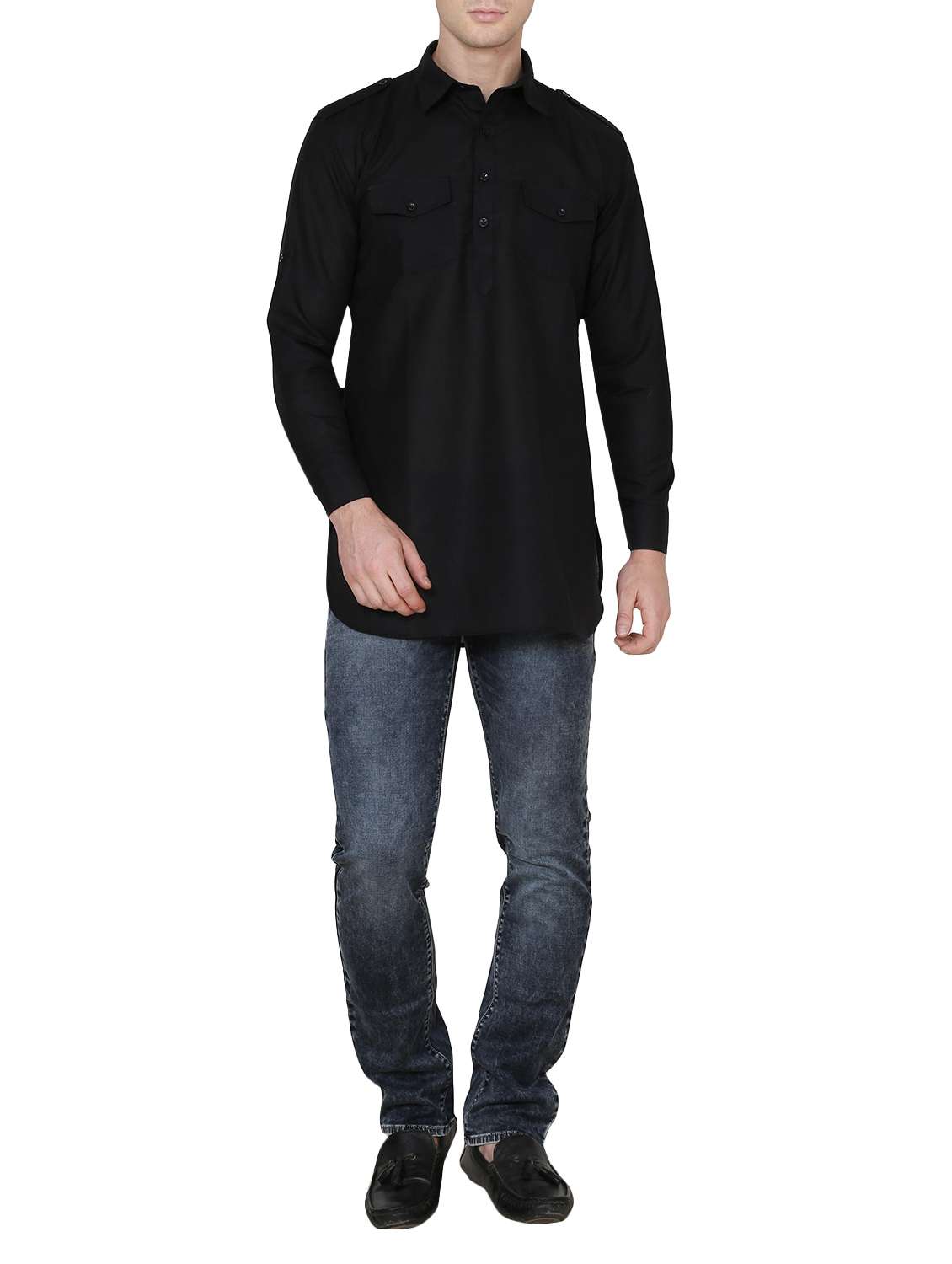 solid black cotton kurta - 13882661 - Standard Image - 3