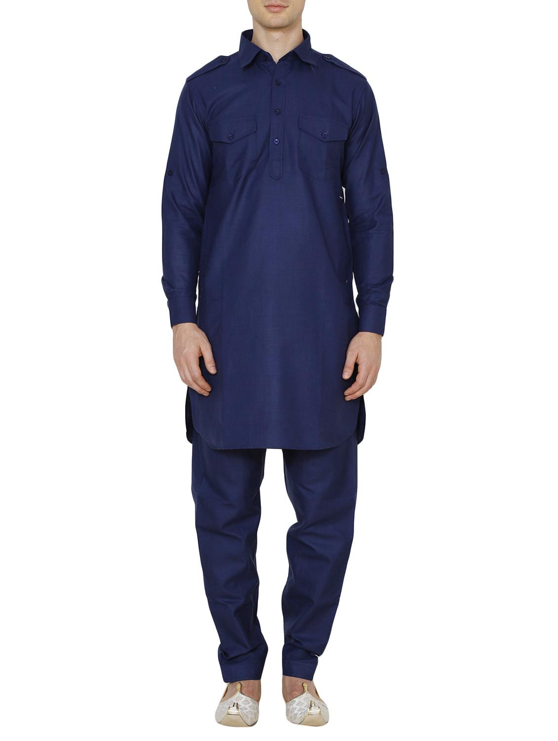 solid navy blue nylon kurta pyjama set - 13882668 - Zoom Image - 0