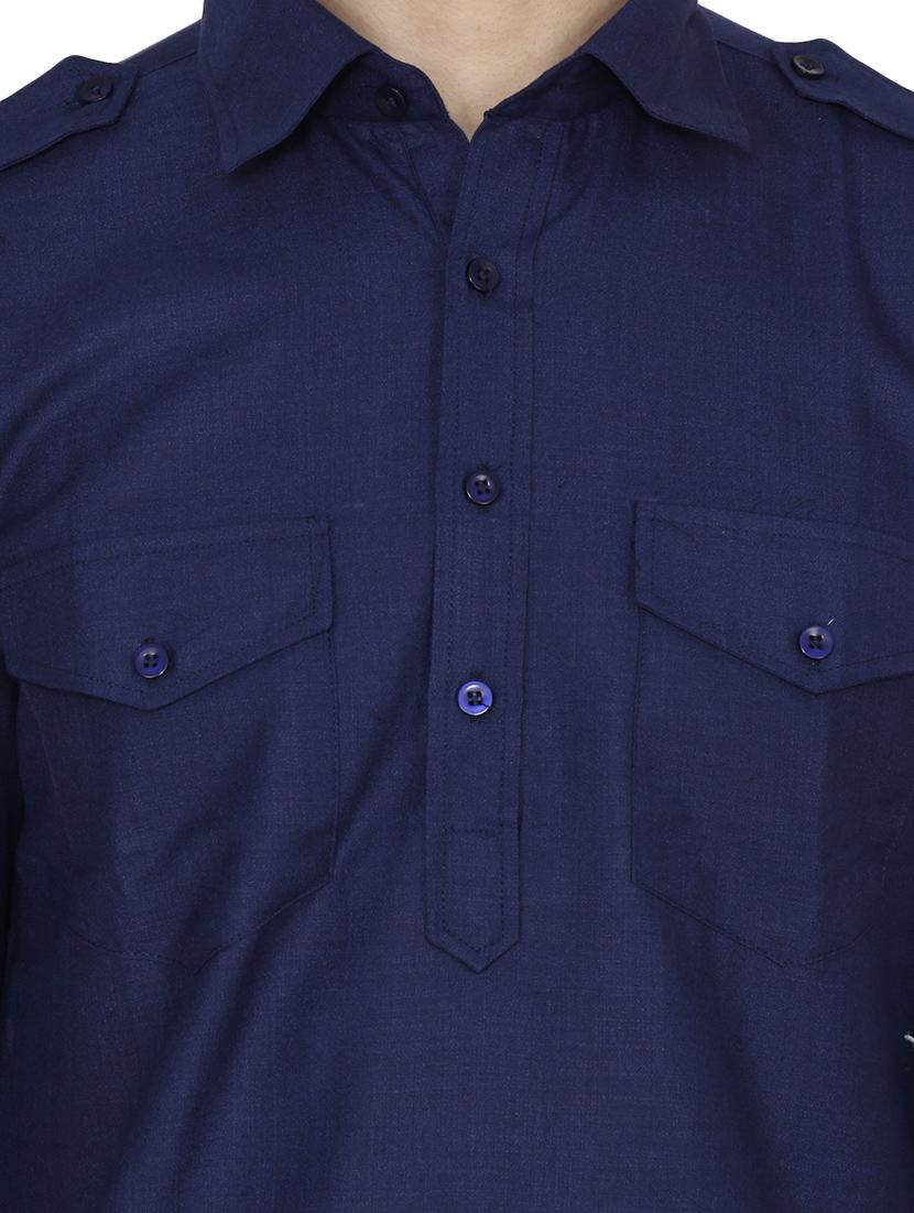 solid navy blue nylon kurta pyjama set - 13882668 - Standard Image - 3