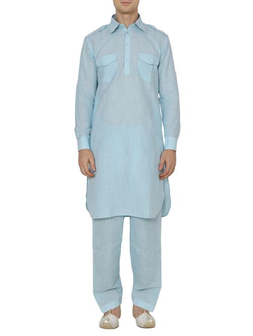 light blue cotton kurta pyjama set - 13882681 - Standard Image - 0