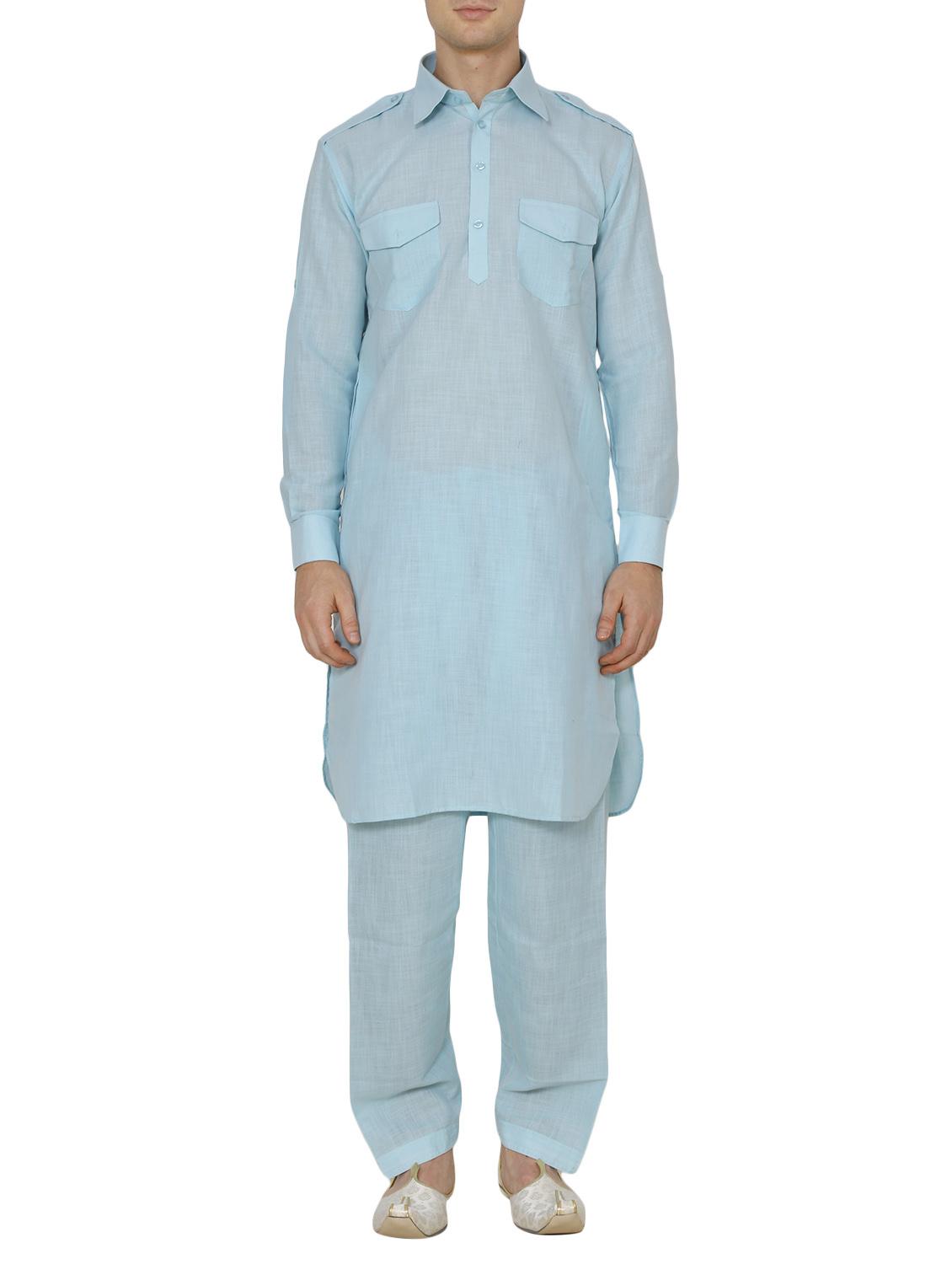 light blue cotton kurta pyjama set - 13882681 - Zoom Image - 0