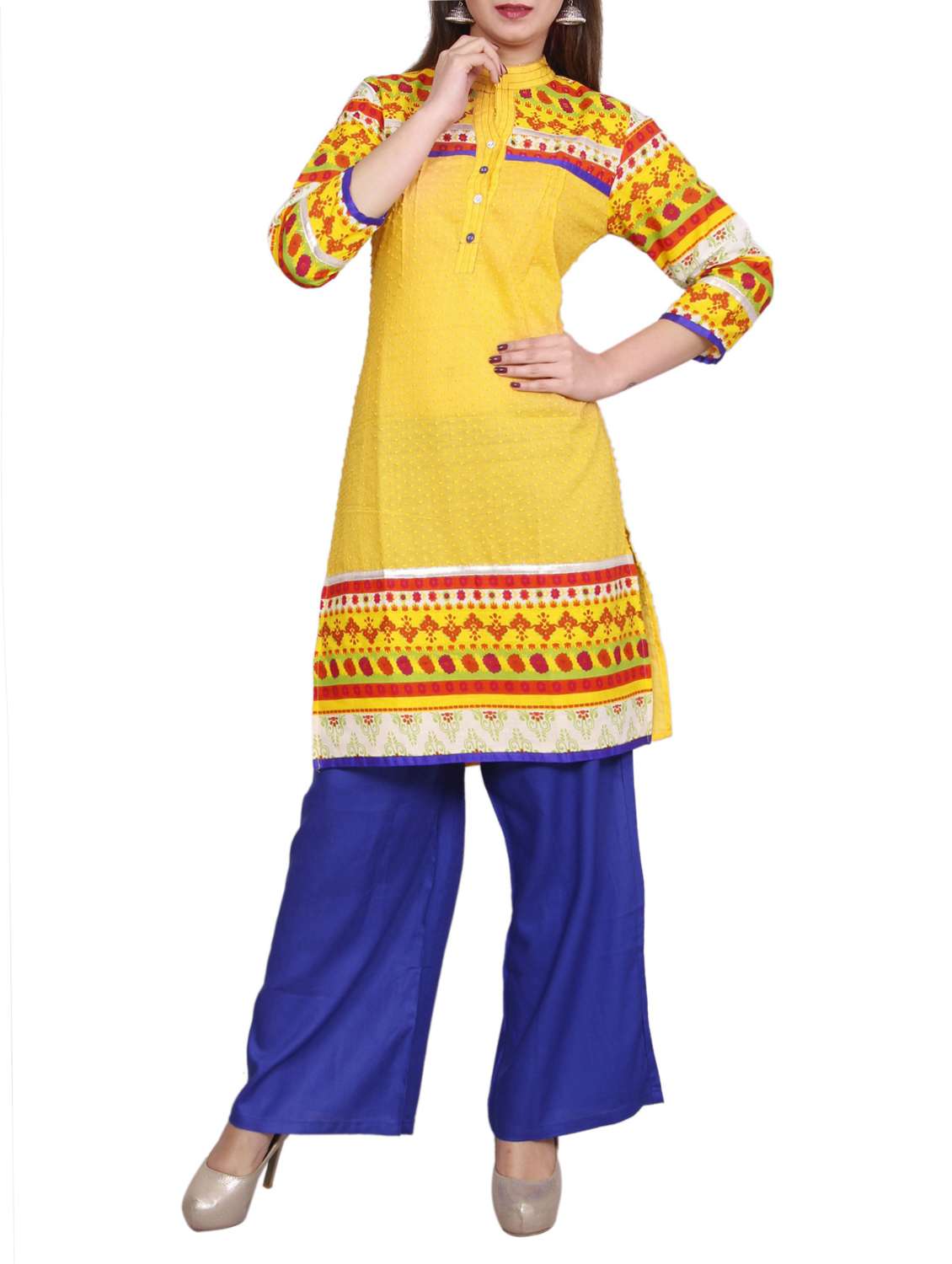 yellow cotton printed straight kurta