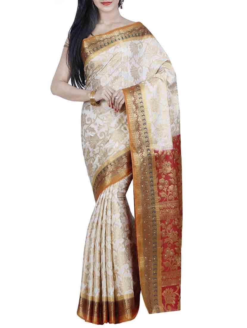 white kanjivaram silk saree with blouse - 13885500 - Zoom Image - 0
