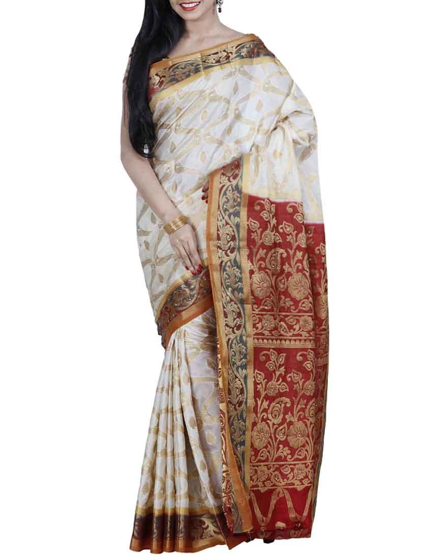 white and red kanjivaram silk saree with blouse - 13885503 - Zoom Image - 0