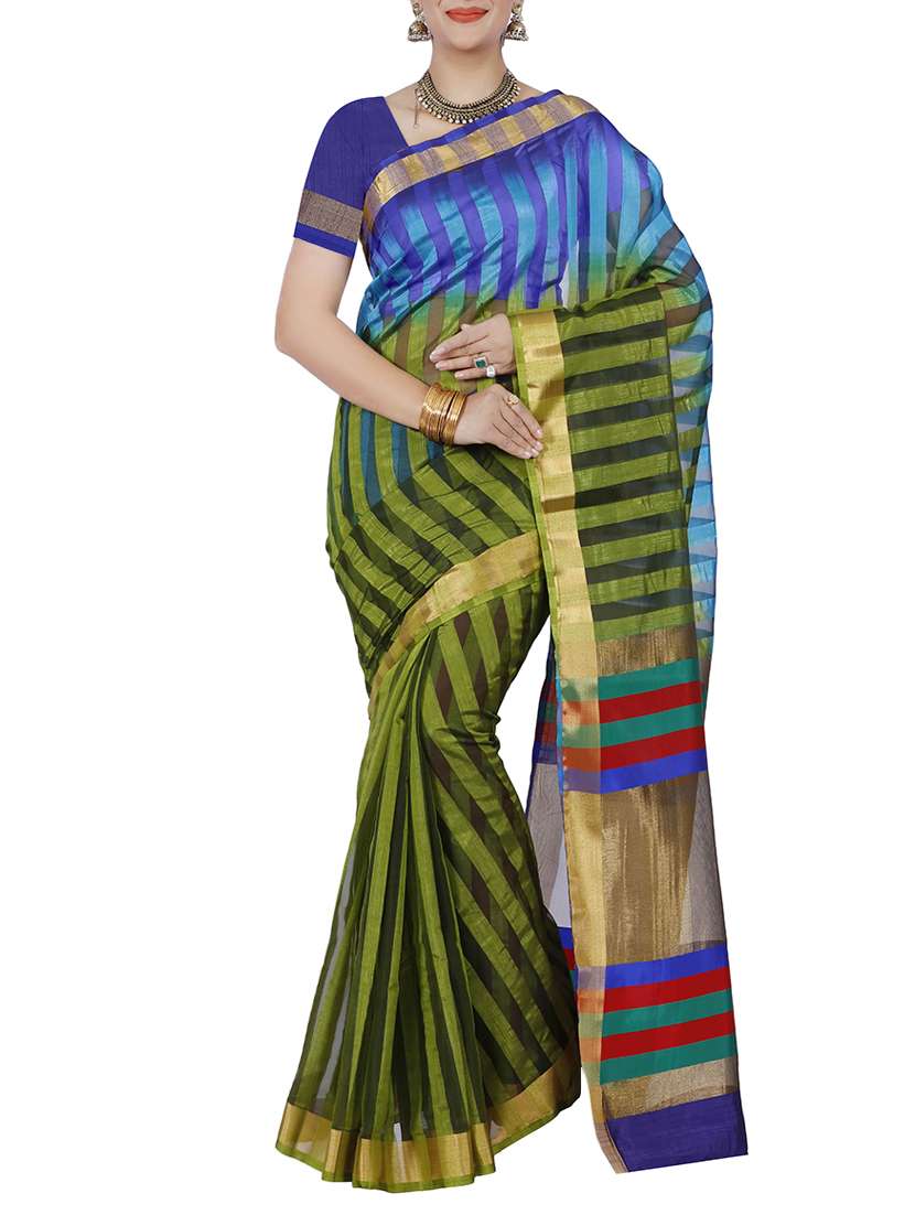 green & blue raw silk woven saree with blouse