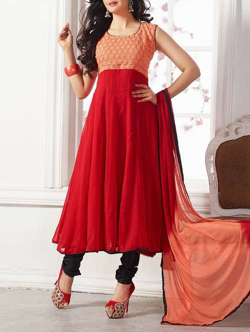 maroon georgette embroidered anarkali dress material - 13890489 -  Standard Image - 0