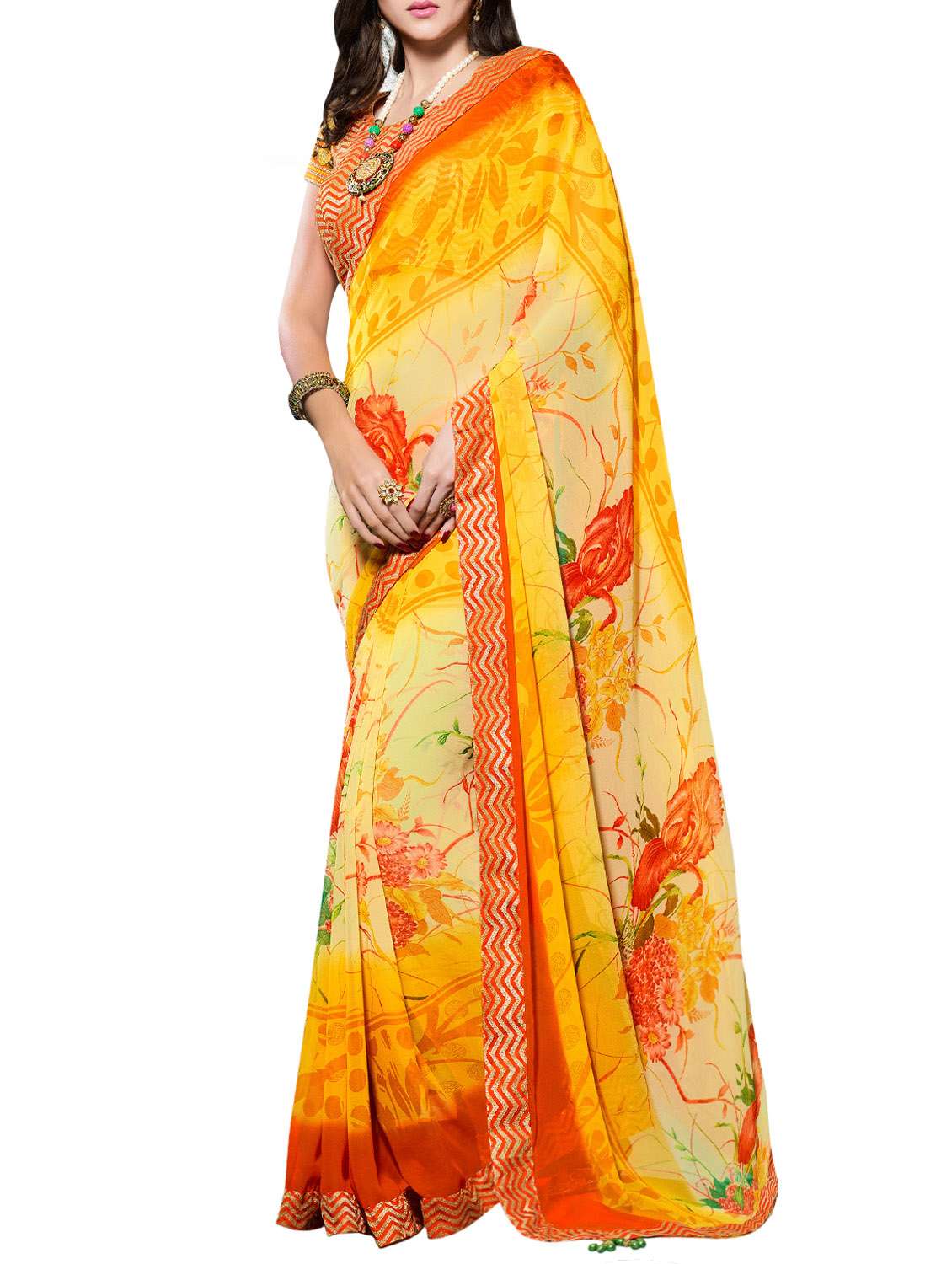 yellow georgette printed saree with blouse