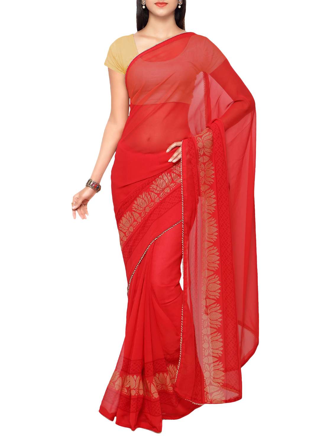 red georgette bordered saree with blouse