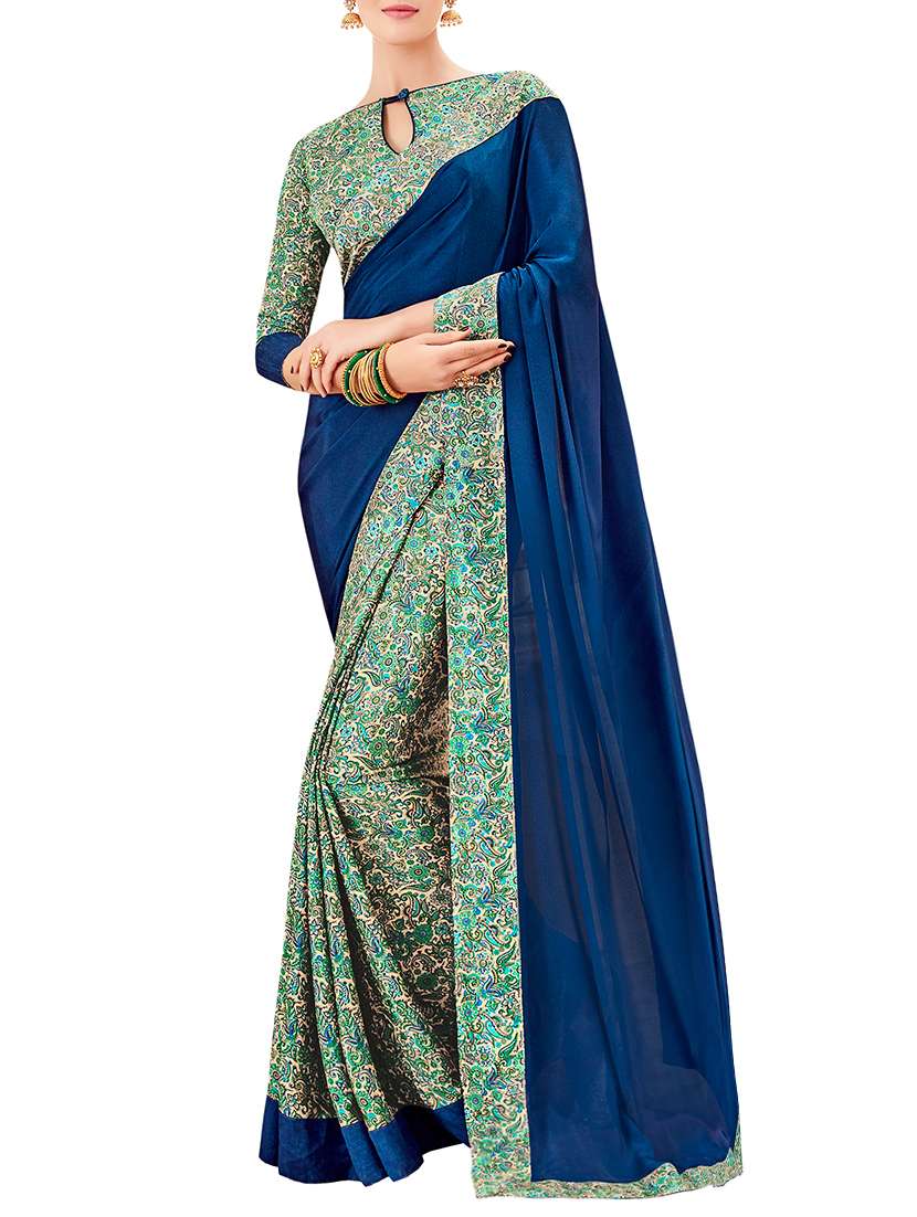 blue printed half and half crepe saree with blouse