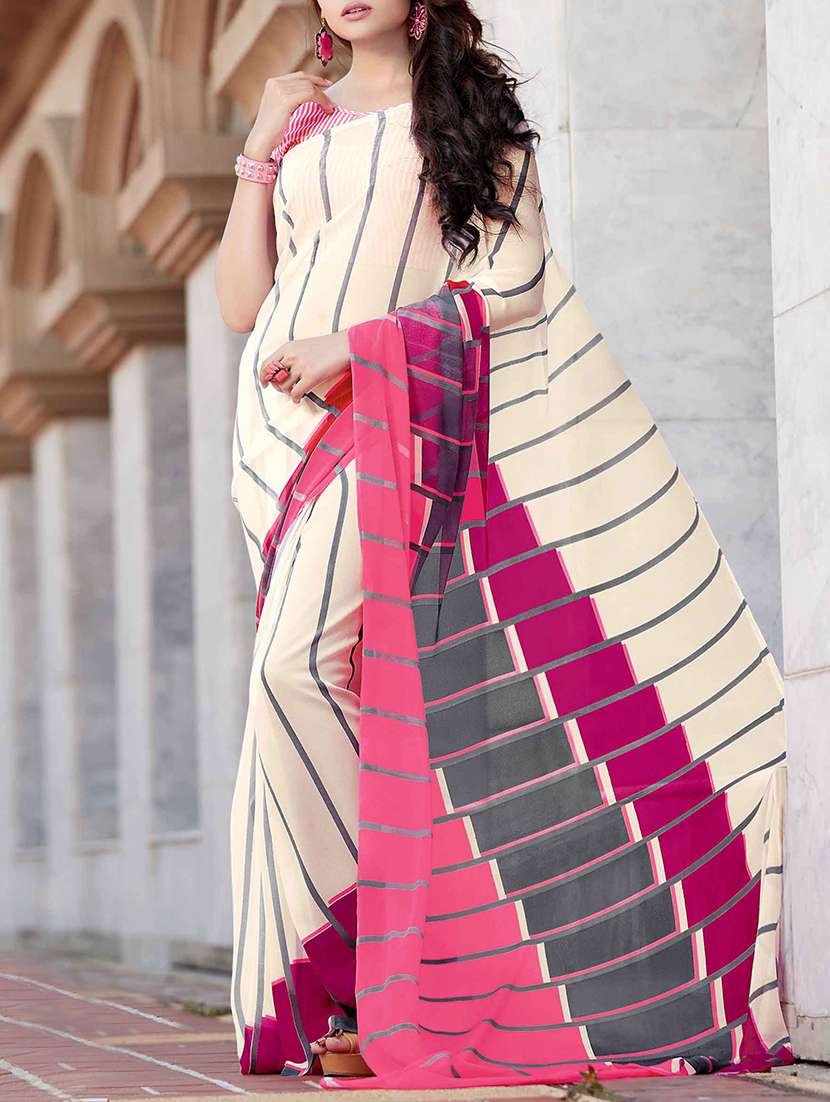 cream georgette printed saree with blouse